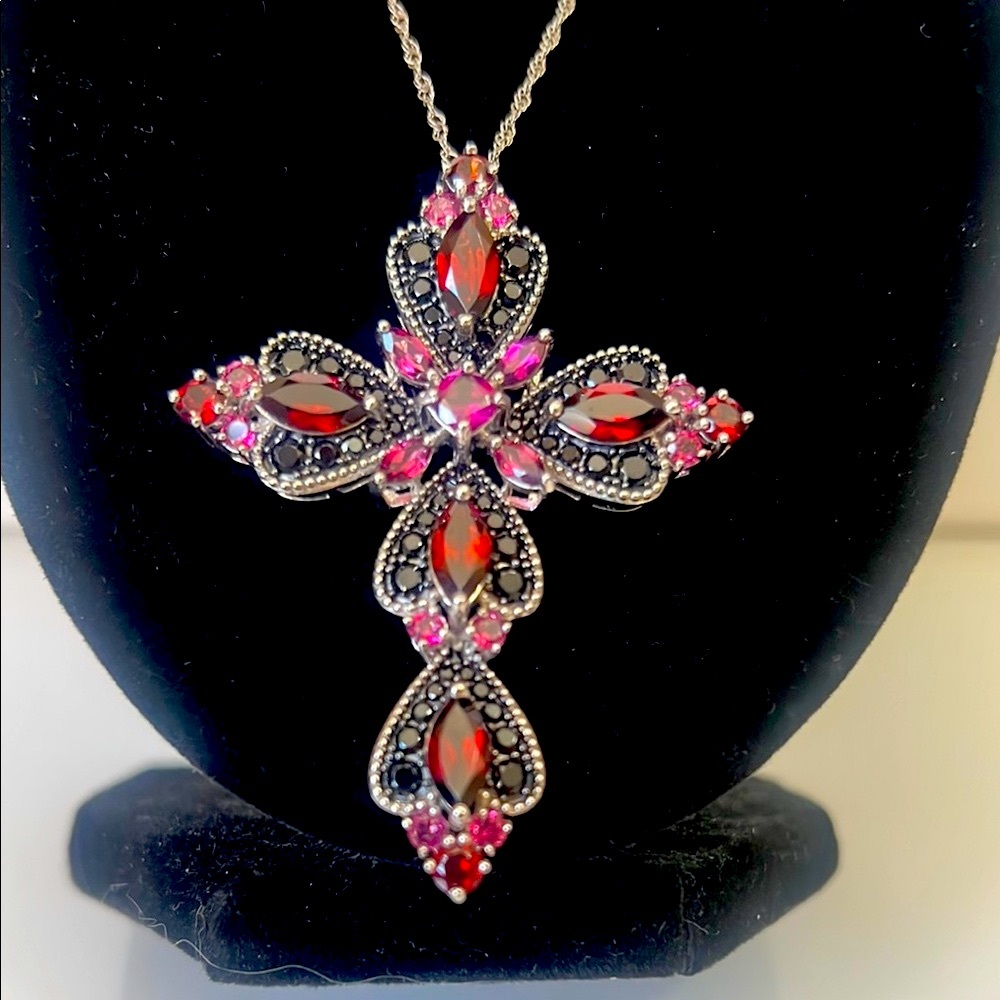 Signed DK .925 Silver Crystal Cross Pendant Necklace